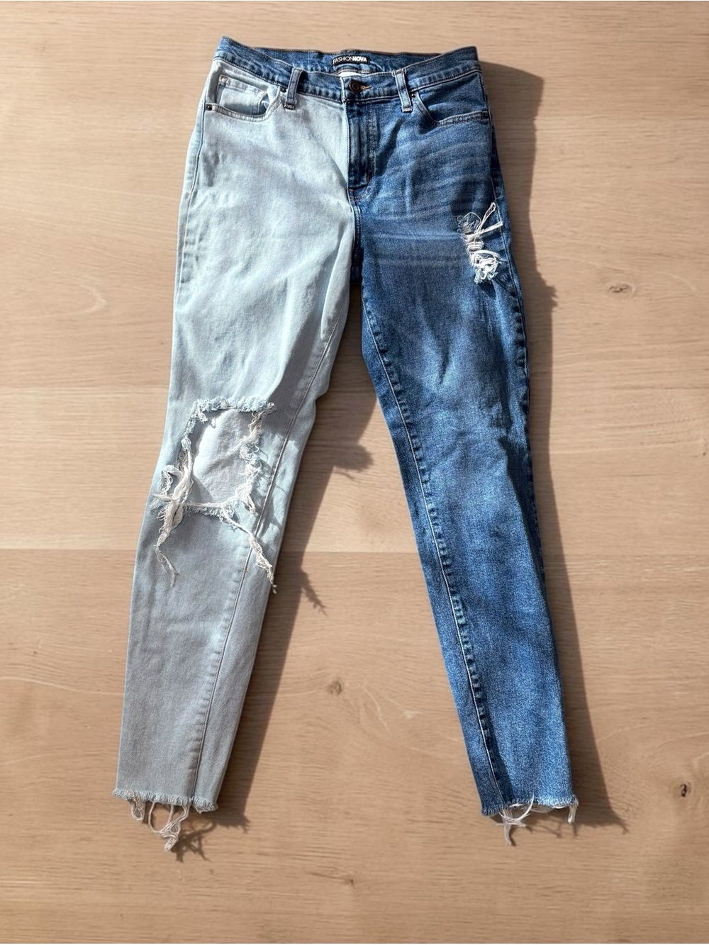 Fashion Nova Two-Tone Distressed Ankle Jeans